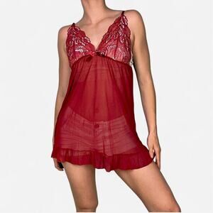 Red lace babydoll lingerie sheer slip dress with adjustable straps bow